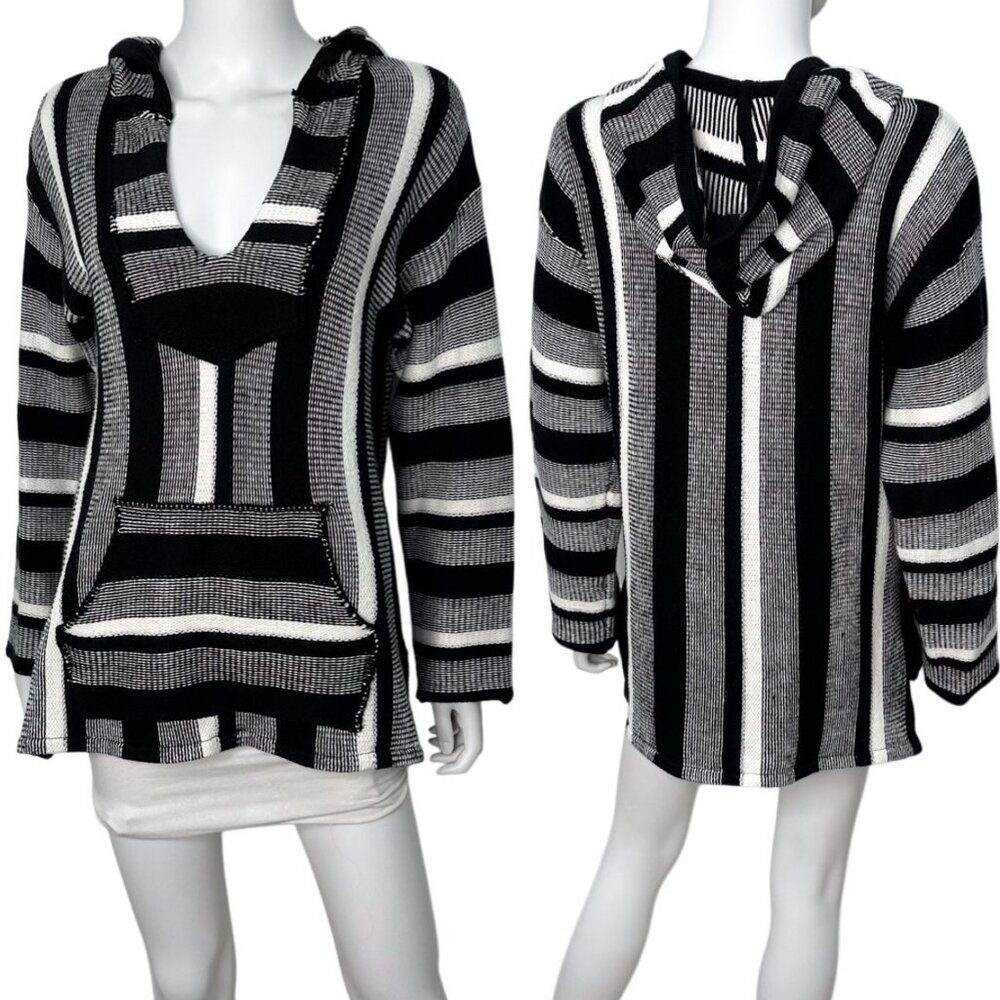 Forever 21 Baja Colorblock Striped Hooded Sweater in Black & White Size M